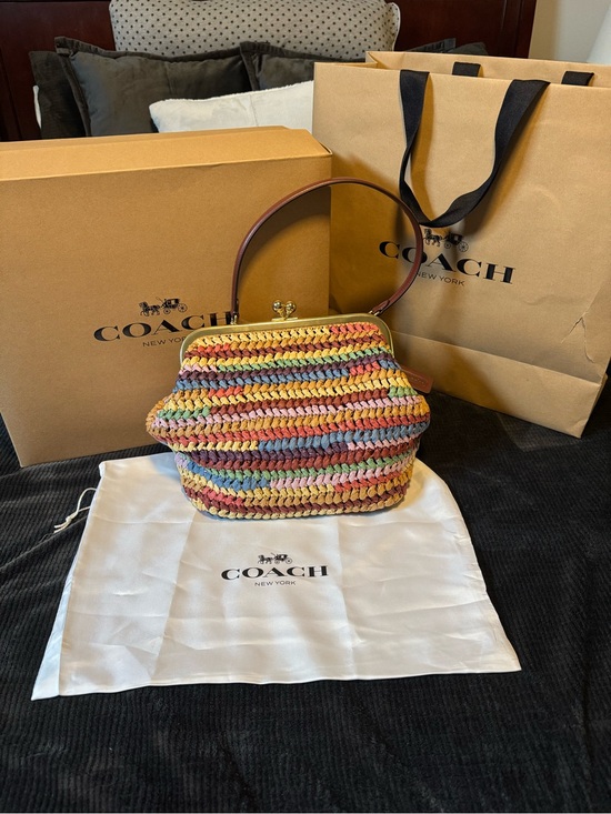 Coach Handbags - COACH Multicolor Woven Straw Kisslock 27 Bag